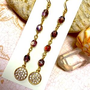 NEW LONG Autumn colored earrings sparkling rhinestone Czech copper bronze gold